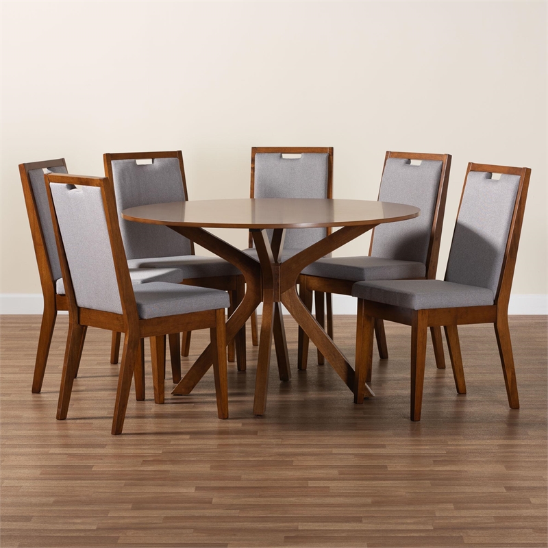 Pemberly Row 7-Piece Dining Set with Round Table in Grey and Walnut Wood