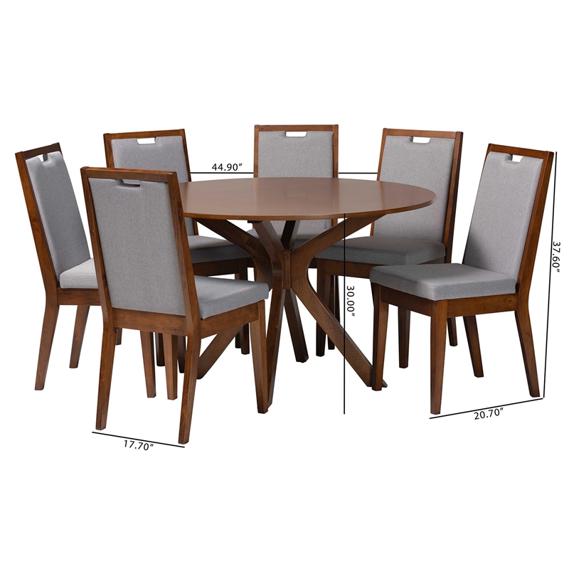 Pemberly Row 7-Piece Dining Set with Round Table in Grey and Walnut Wood
