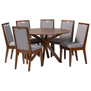 Pemberly Row 7-Piece Dining Set with Round Table in Grey and Walnut Wood