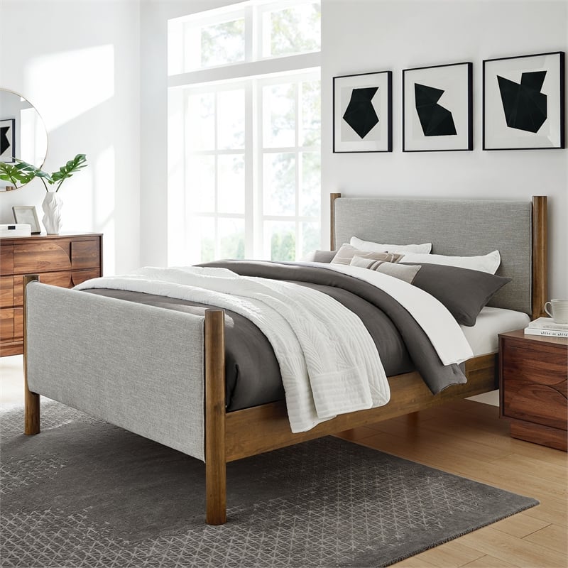 Pemberly Row Full Platform Bed with Upholstered Fabric in Wheat Walnut