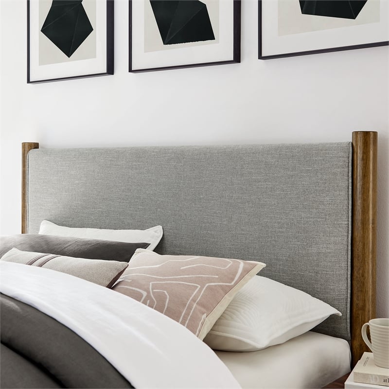 Pemberly Row Full Platform Bed with Upholstered Fabric in Wheat Walnut