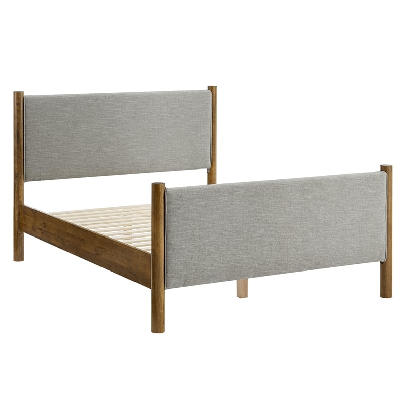 Pemberly Row Full Platform Bed with Upholstered Fabric in Wheat Walnut