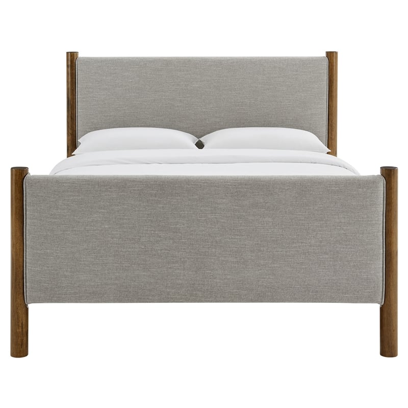Pemberly Row Full Platform Bed with Upholstered Fabric in Wheat Walnut
