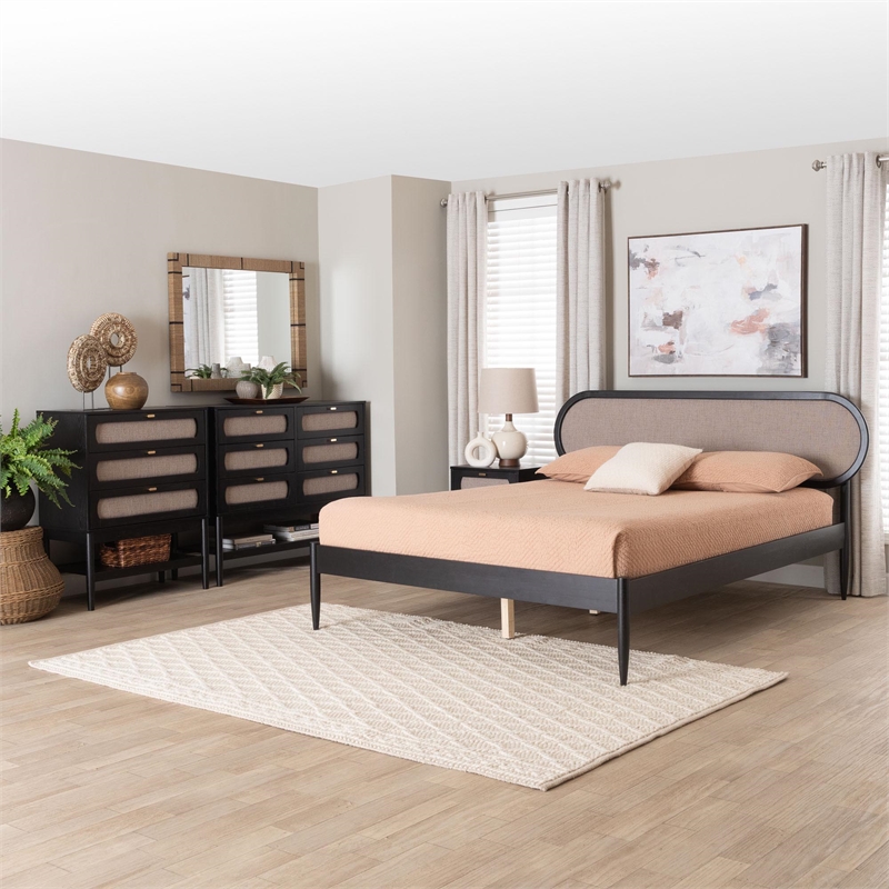 Pemberly Row Queen Beige Fabric 4-Piece Bedroom Set in Black Wood
