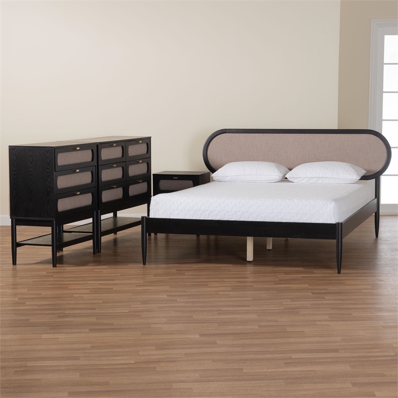 Pemberly Row Queen Beige Fabric 4-Piece Bedroom Set in Black Wood