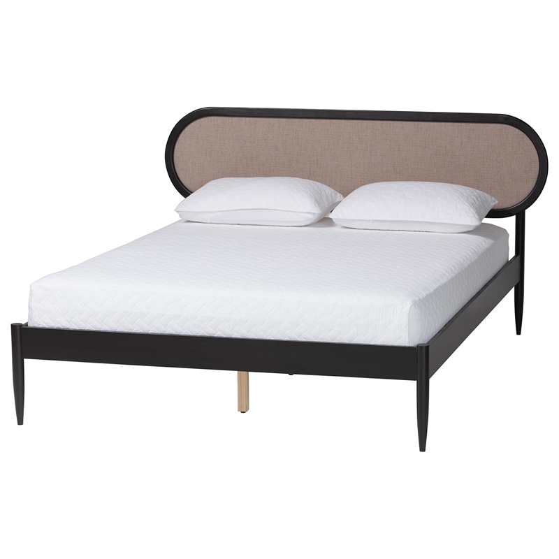 Pemberly Row Queen Beige Fabric 4-Piece Bedroom Set in Black Wood
