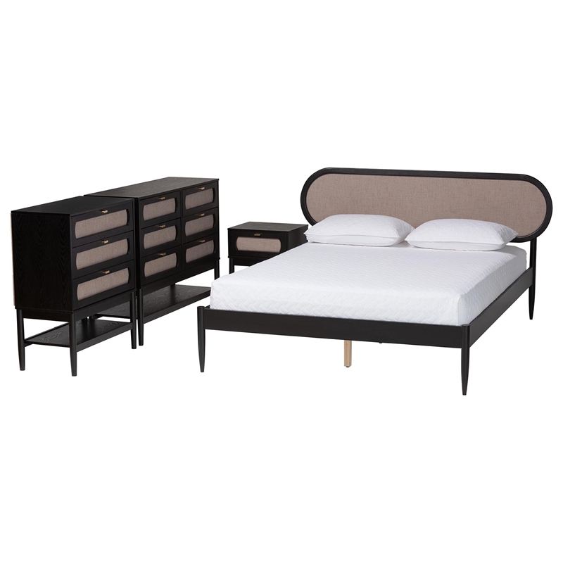 Pemberly Row Queen Beige Fabric 4-Piece Bedroom Set in Black Wood