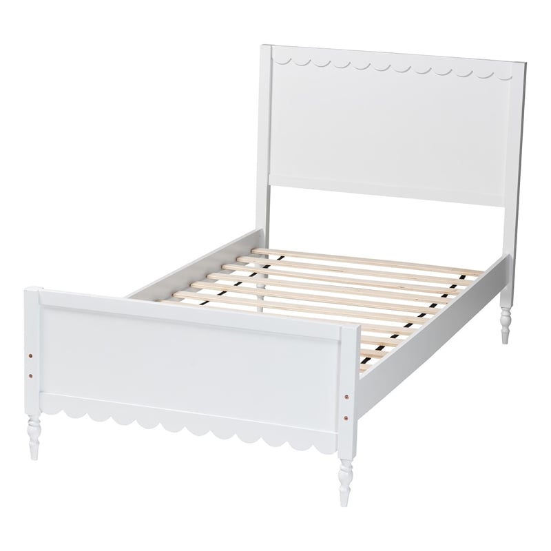 Pemberly Row Modern Twin Platform Bed with Scalloped Trim in White Wood