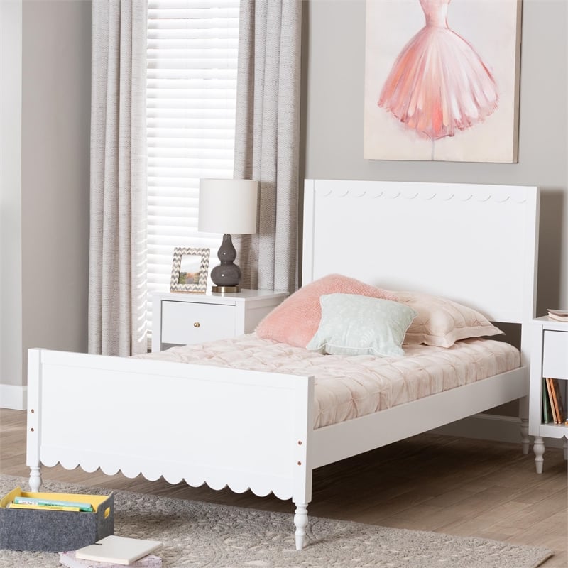 Pemberly Row Modern Twin Platform Bed with Scalloped Trim in White Wood