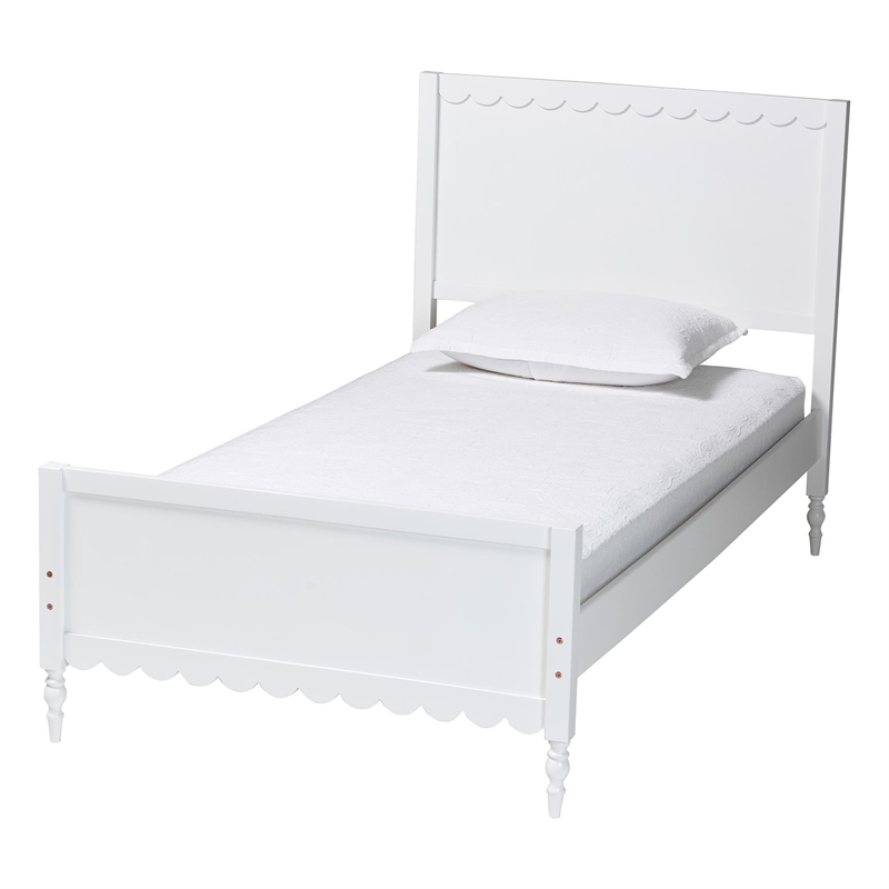 Pemberly Row Modern Twin Platform Bed with Scalloped Trim in White Wood