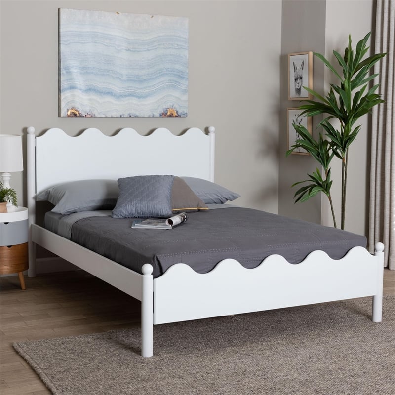 Pemberly Row Malaya Full Platform Bed with Scalloped Edges in White Wood