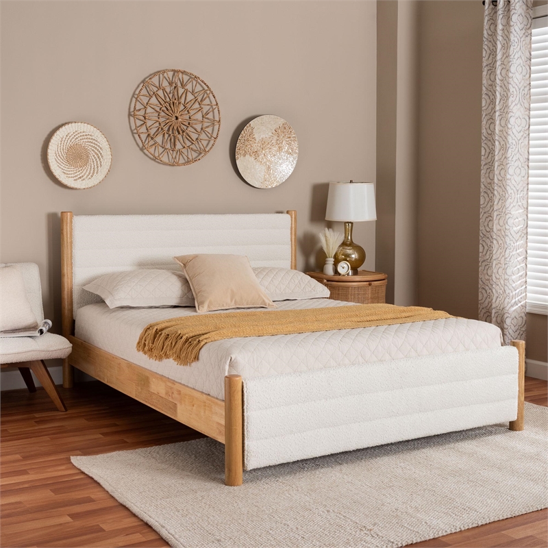 Pemberly Row Modern Cream Boucle & Oak Queen Platform Bed