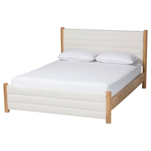 Pemberly Row Modern Cream Boucle & Oak Queen Platform Bed