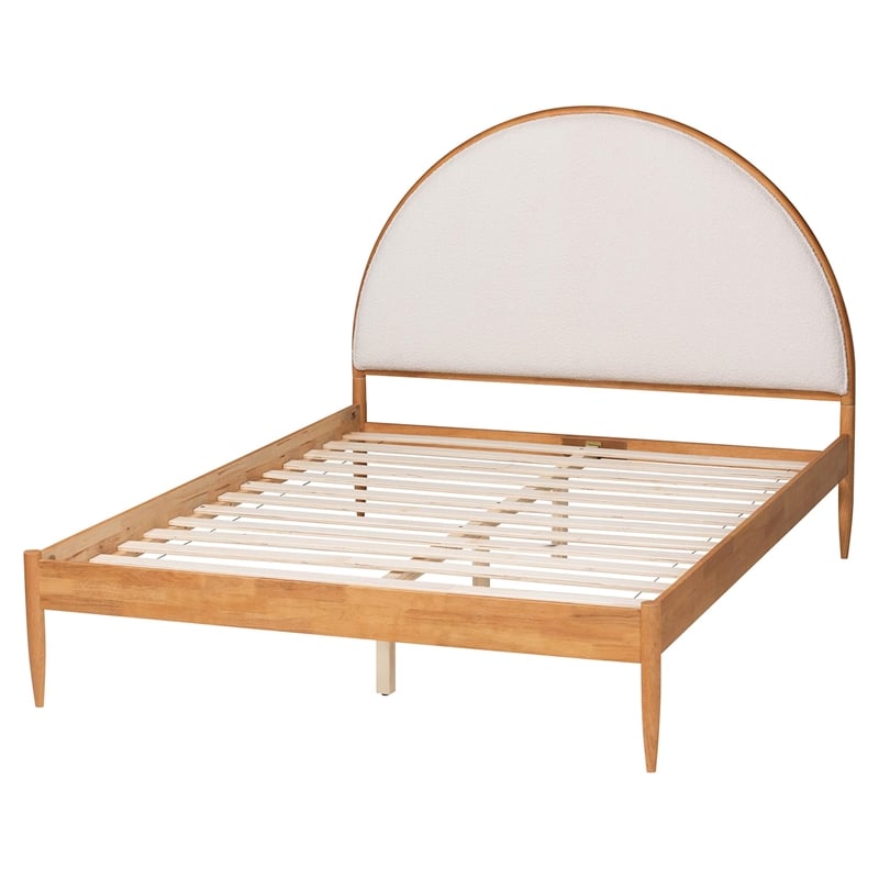 Pemberly Row Dawson Japandi Queen Platform Bed in Cream Teddy Fabric and Wood