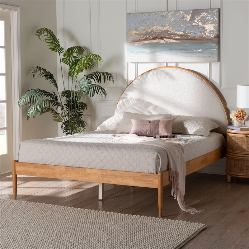 Pemberly Row Dawson Japandi Queen Platform Bed in Cream Teddy Fabric and Wood