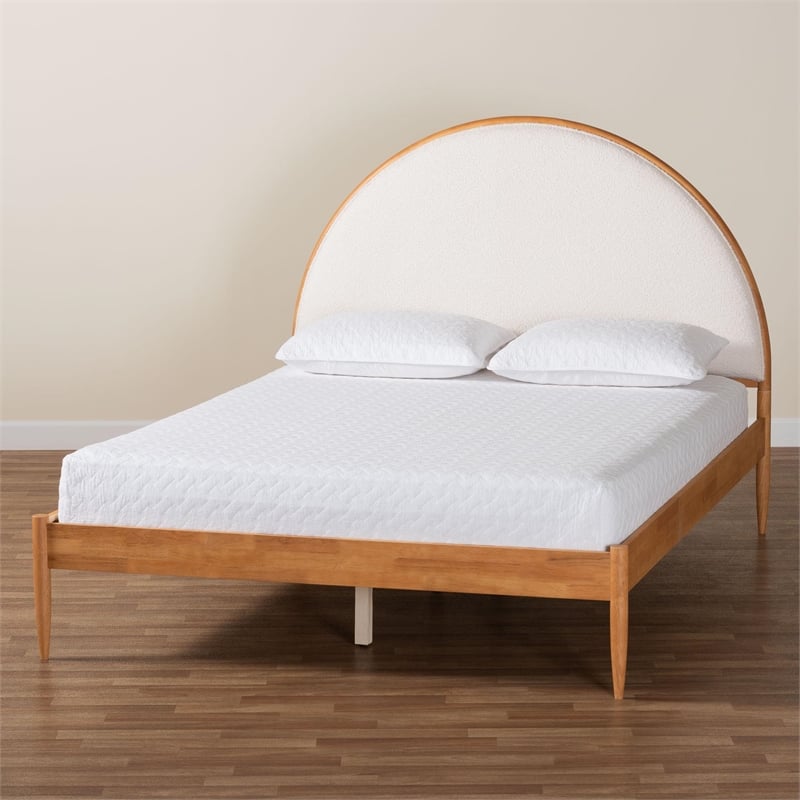 Pemberly Row Dawson Japandi Queen Platform Bed in Cream Teddy Fabric and Wood