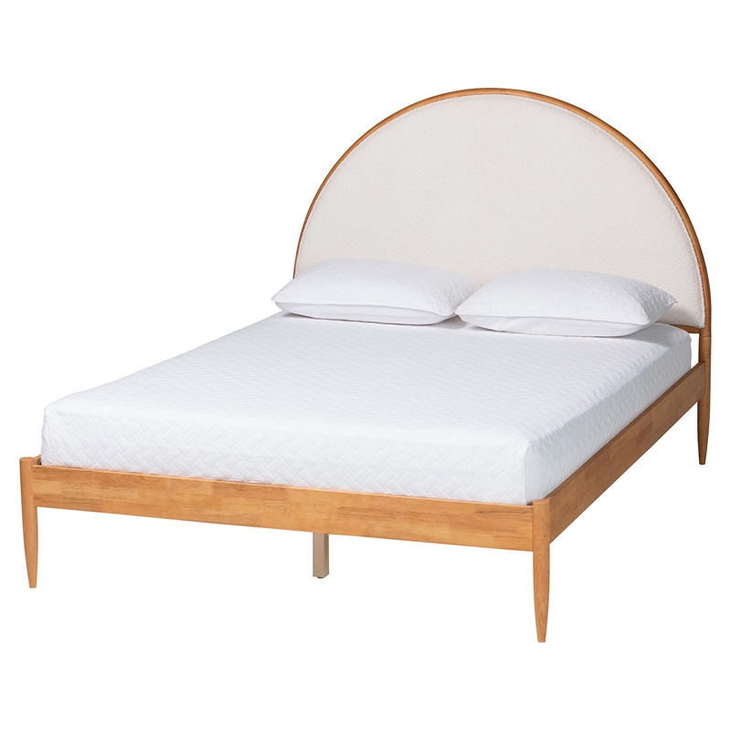 Pemberly Row Dawson Japandi Queen Platform Bed in Cream Teddy Fabric and Wood