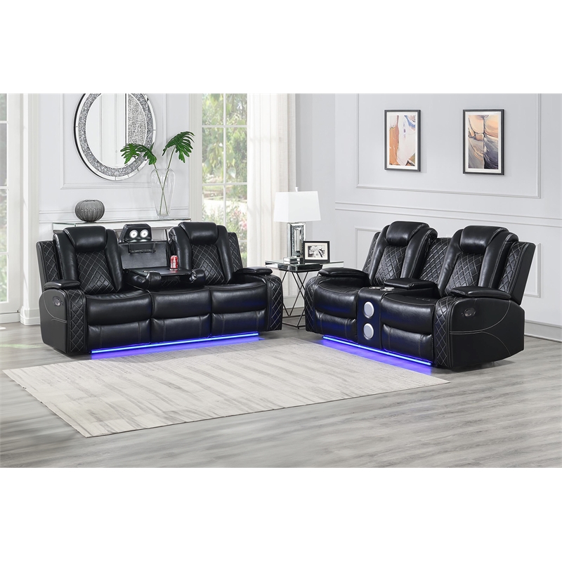 Pemberly Row 2-Piece Reclining Sofa & Console Loveseat in Black Faux Leather