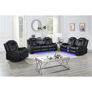 Pemberly Row 3-Pc Black Faux Leather Reclining Living Room Set