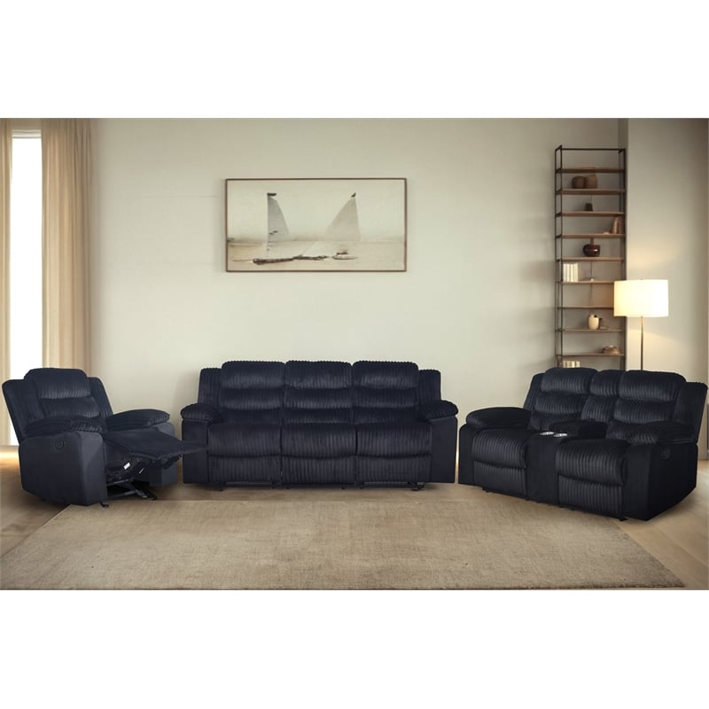 Pemberly Row 3-Piece Reclining Living Room Set with Fabric in Black
