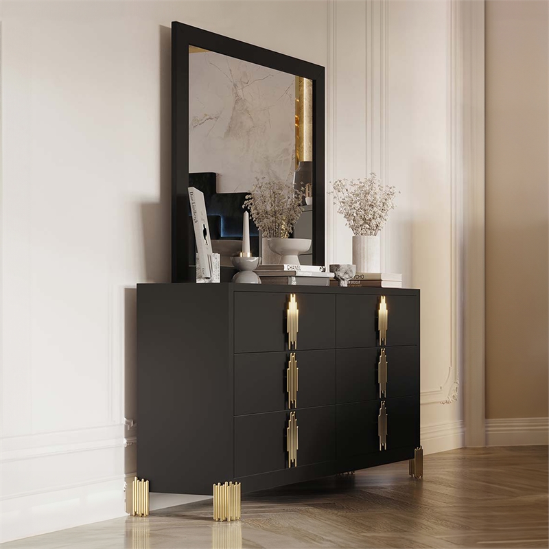 Pemberly Row 2-Piece Wood Dresser and Beveled Mirror Set in Black