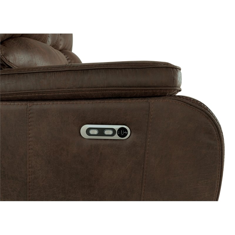 Pemberly Row Fabric Upholstered Power Reclining Sofa with USB in Brown