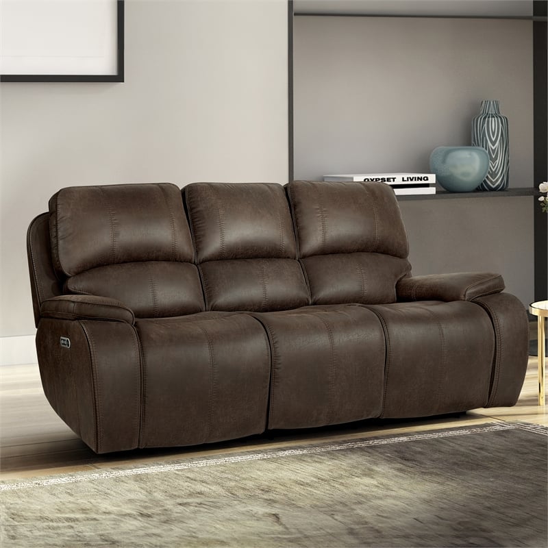 Pemberly Row Fabric Upholstered Power Reclining Sofa with USB in Brown