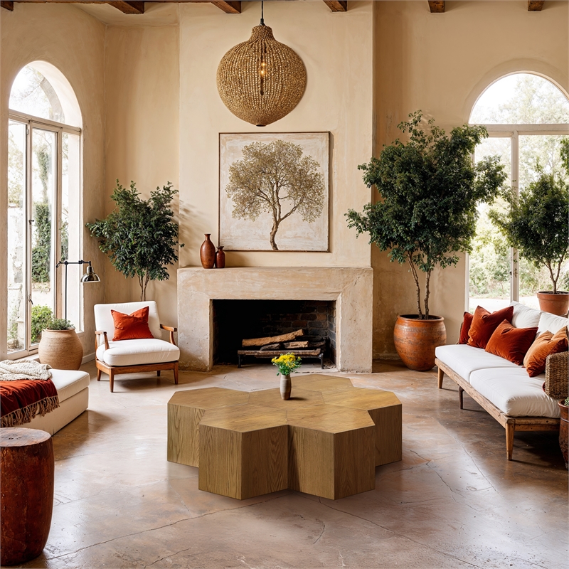 Pemberly Row Modular Oak Coffee Table in Natural Finish