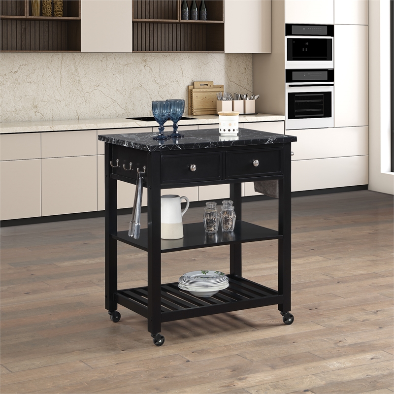 Pemberly Row Kitchen Cart with Faux Marble Top in Black Finish