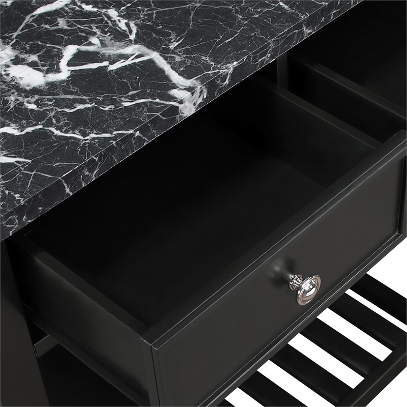 Pemberly Row Kitchen Cart with Faux Marble Top in Black Finish