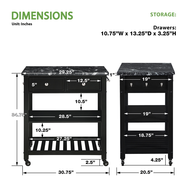 Pemberly Row Kitchen Cart with Faux Marble Top in Black Finish
