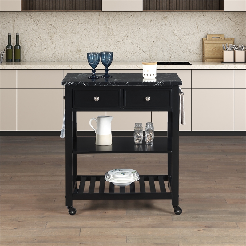 Pemberly Row Kitchen Cart with Faux Marble Top in Black Finish