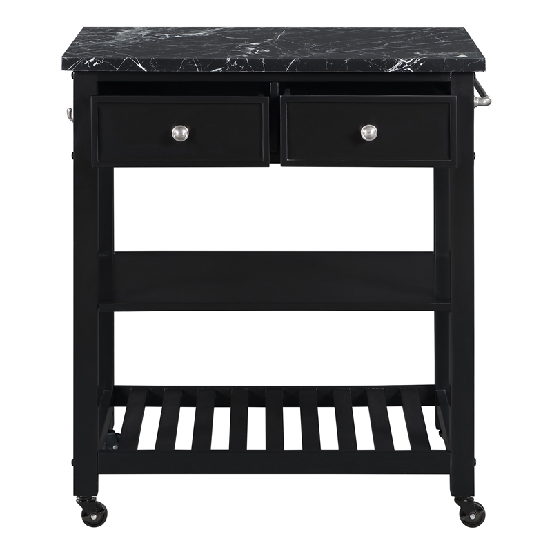 Pemberly Row Kitchen Cart with Faux Marble Top in Black Finish