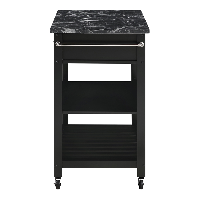 Pemberly Row Kitchen Cart with Faux Marble Top in Black Finish