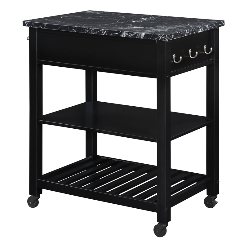 Pemberly Row Kitchen Cart with Faux Marble Top in Black Finish