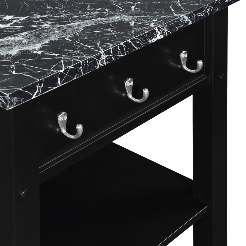 Pemberly Row Kitchen Cart with Faux Marble Top in Black Finish