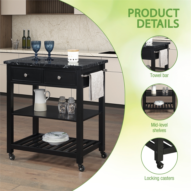 Pemberly Row Kitchen Cart with Faux Marble Top in Black Finish