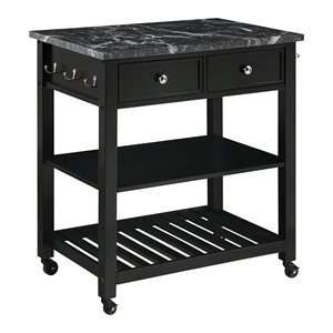 Pemberly Row Kitchen Cart with Faux Marble Top in Black Finish