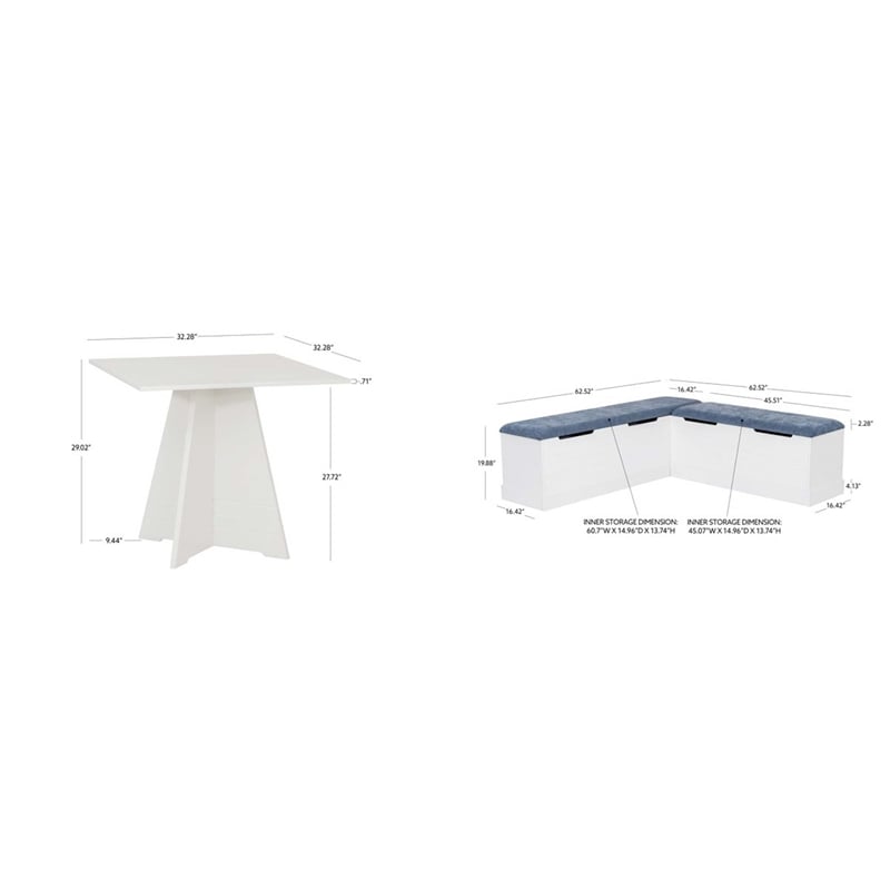 Pemberly Row 3-Piece Storage Nook Set with Bench and Table in White