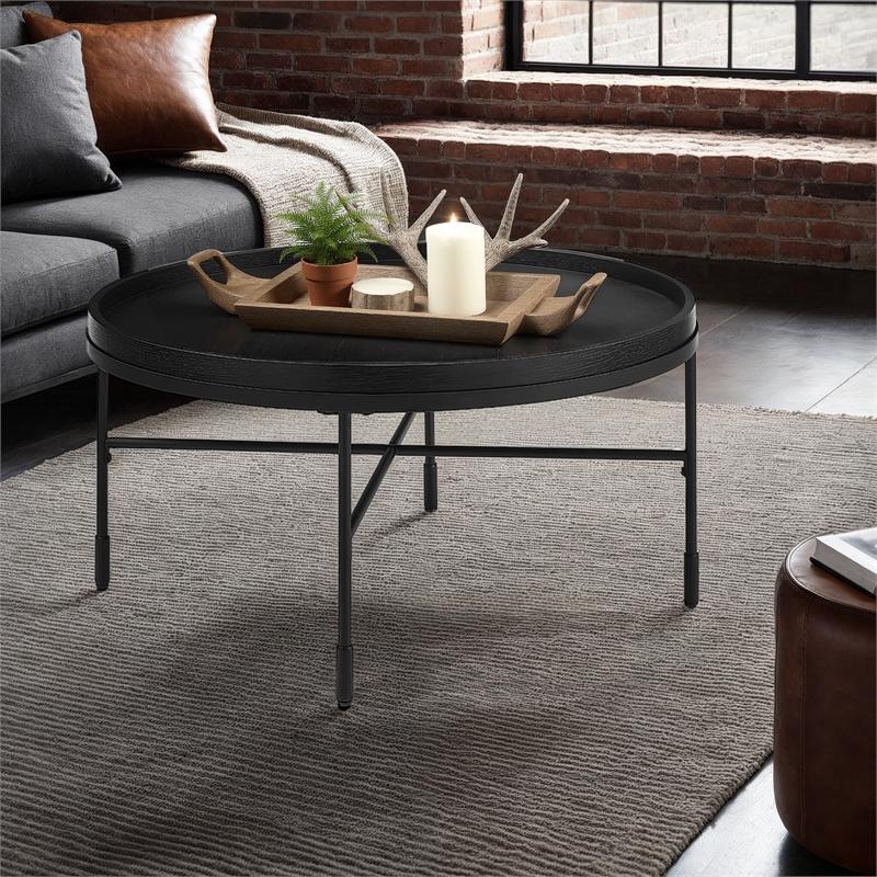 Pemberly Row Round Coffee Table with Engineered Wood Top in Black