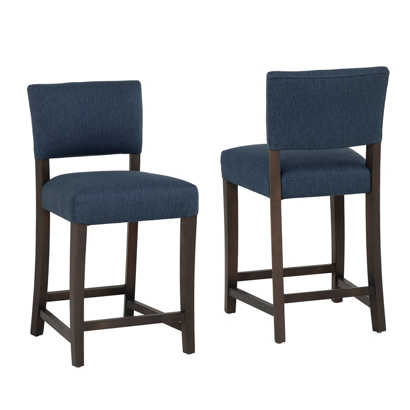 Pemberly Row Set of 2 Blue Upholstered Counter Stools in Brown Maple Wood
