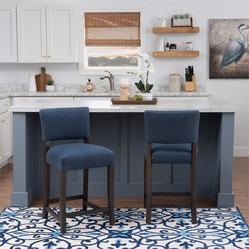 Pemberly Row Set of 2 Blue Upholstered Counter Stools in Brown Maple Wood