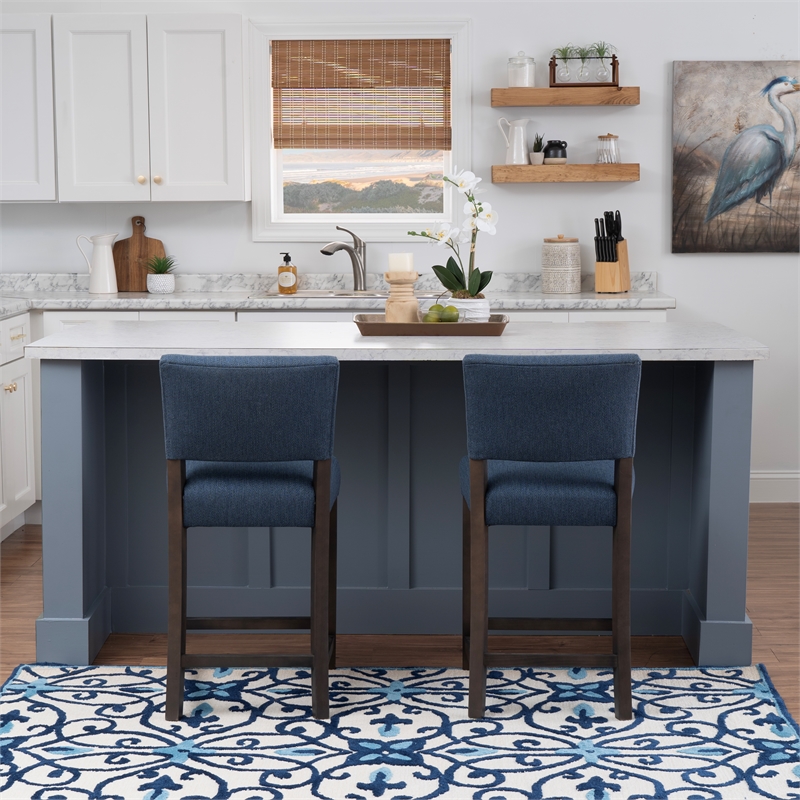Pemberly Row Set of 2 Blue Upholstered Counter Stools in Brown Maple Wood