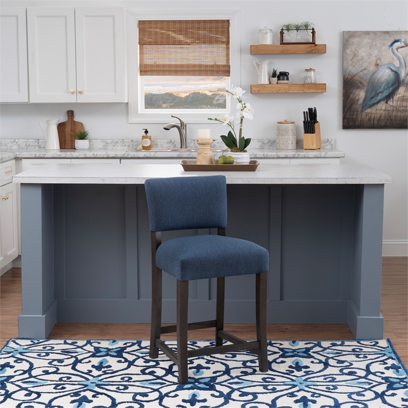 Pemberly Row Set of 2 Blue Upholstered Counter Stools in Brown Maple Wood