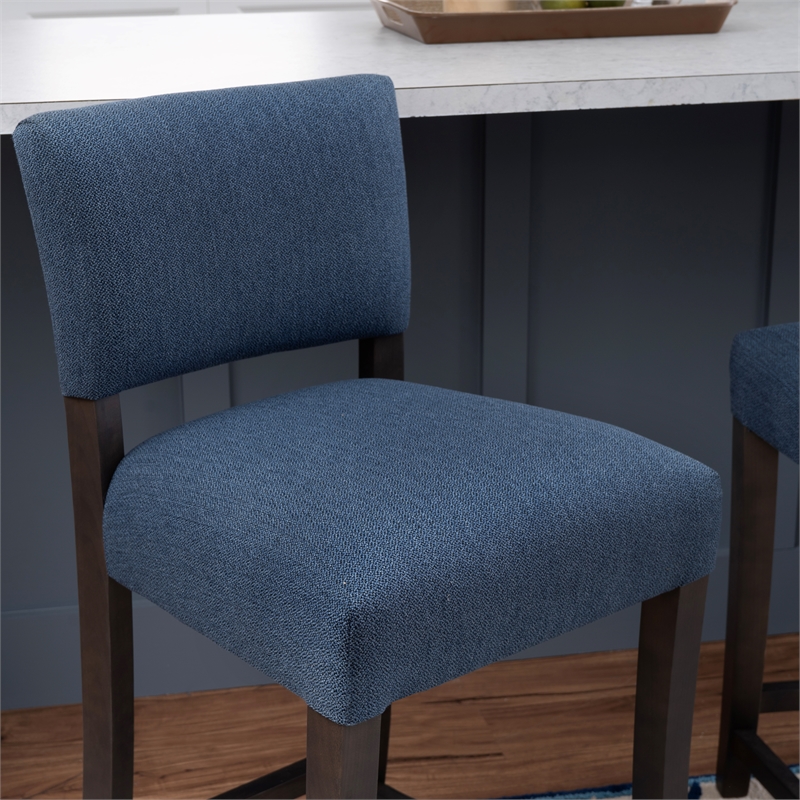 Pemberly Row Set of 2 Blue Upholstered Counter Stools in Brown Maple Wood