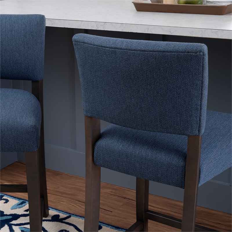 Pemberly Row Set of 2 Blue Upholstered Counter Stools in Brown Maple Wood