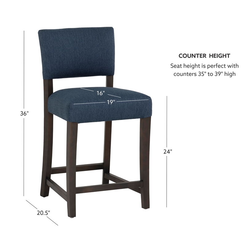 Pemberly Row Set of 2 Blue Upholstered Counter Stools in Brown Maple Wood