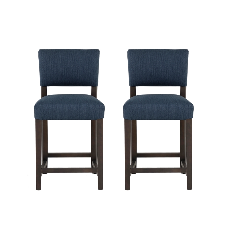 Pemberly Row Set of 2 Blue Upholstered Counter Stools in Brown Maple Wood