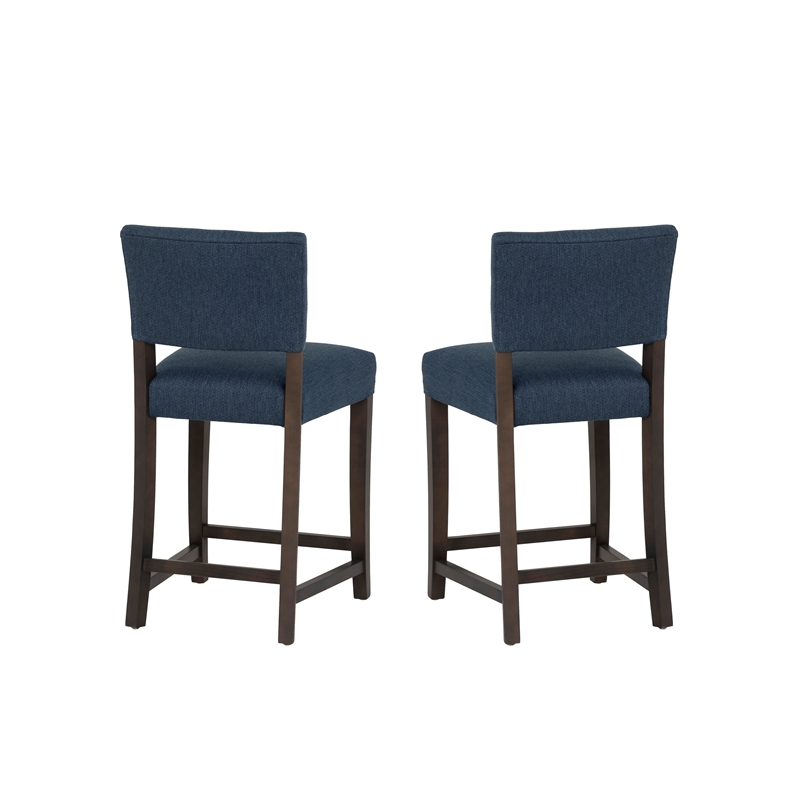 Pemberly Row Set of 2 Blue Upholstered Counter Stools in Brown Maple Wood