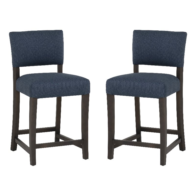 Pemberly Row Set of 2 Blue Upholstered Counter Stools in Brown Maple Wood